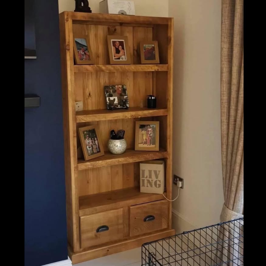 Handcrafted Solid Wood Bookcase with Drawers – Rustic Timber Display Shelving Unit