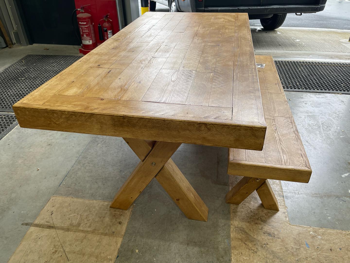 Handcrafted Solid Wood X-Frame Dining Table & Bench Set – Rustic Timber Refectory Table