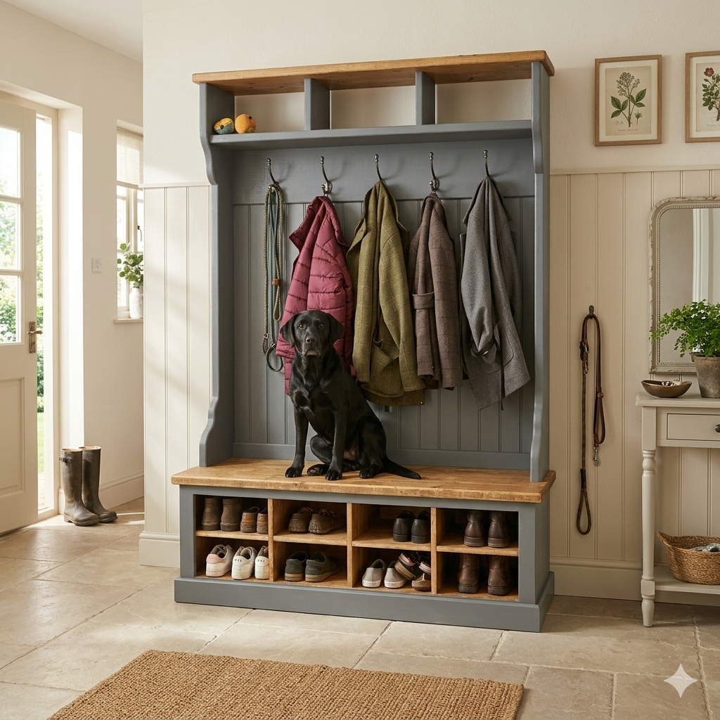 The Sussex - Custom Handcrafted Entryway Mudroom Unit with Integrated Coat Hooks, Shoe Cubbies, & Bench Seating | Prices from £450