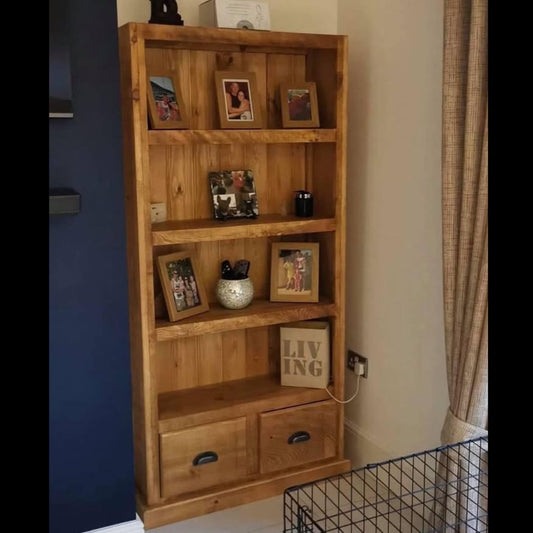 Handcrafted Solid Wood Bookcase with Drawers – Rustic Timber Display Shelving Unit