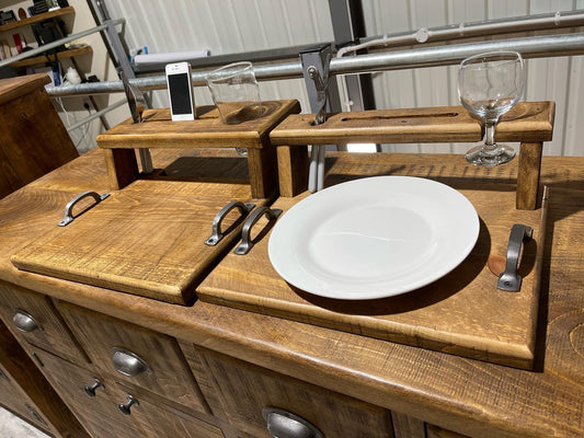 Handmade rustic wooden multi-function tray with plate, wine glass, cutlery, and phone holders by Spire Carpentry.