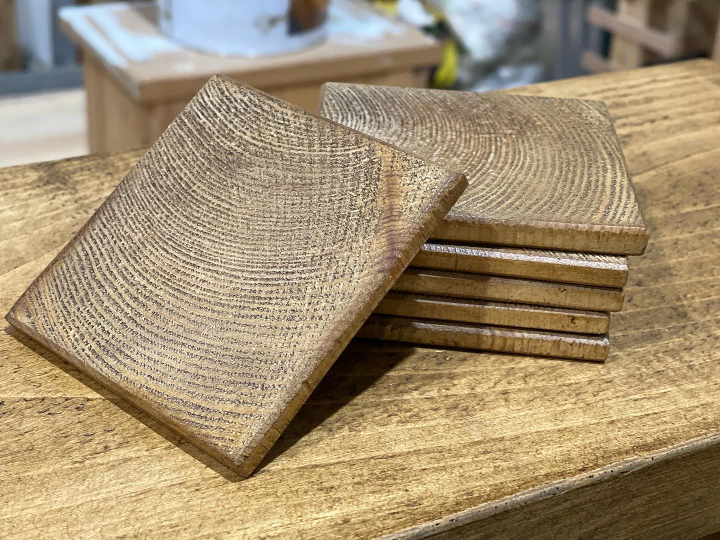 Set of six handmade rustic wooden coasters with solid wooden holder, crafted in the UK by Spire Carpentry.