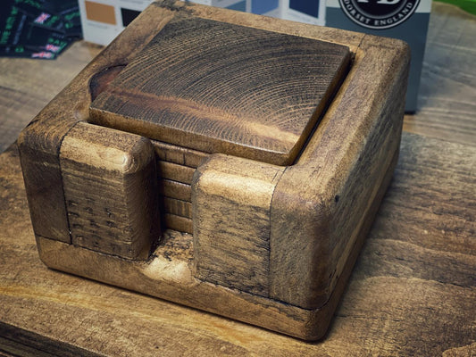 Set of six handmade rustic wooden coasters with solid wooden holder, crafted in the UK by Spire Carpentry.