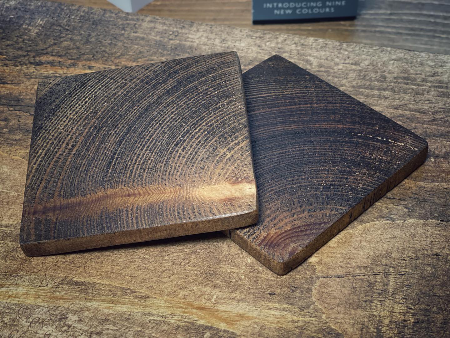 Set of six handmade rustic wooden coasters with solid wooden holder, crafted in the UK by Spire Carpentry.