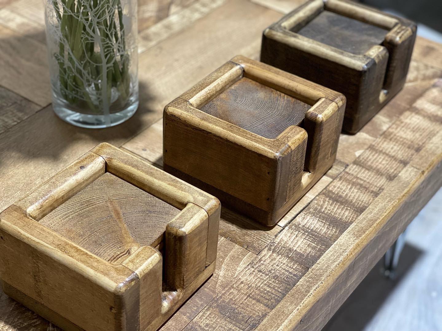 Set of six handmade rustic wooden coasters with solid wooden holder, crafted in the UK by Spire Carpentry.