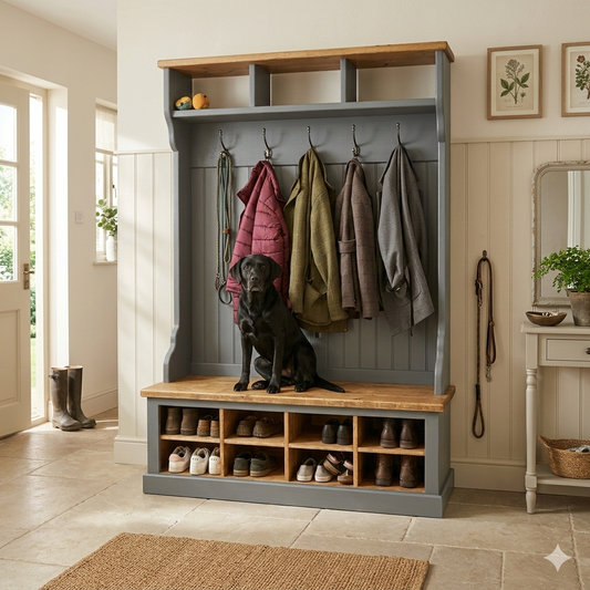 The Sussex - Custom Handcrafted Entryway Mudroom Unit with Integrated Coat Hooks, Shoe Cubbies, & Bench Seating