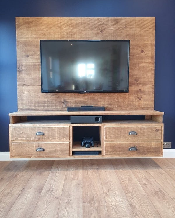 Handcrafted Floating Solid Wood Media Unit & TV Backing Panel – Rustic Timber Entertainment Centre